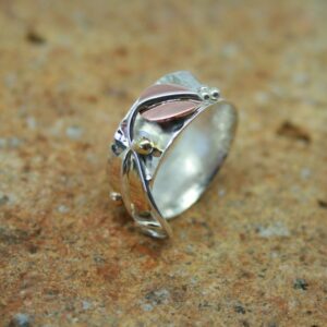 Silver, copper and brass leaf ring