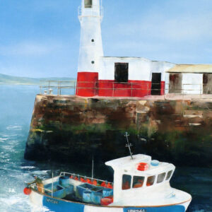 Newlyn lighthouse, Cornwall. Original oil painting by Jan Rogers