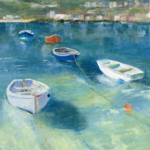 Boats in shallow sea, Cornwall. Original oil painting by Jan Rogers