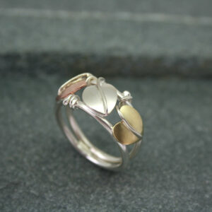 Silver three leaf ring with copper, silver and brass leaves