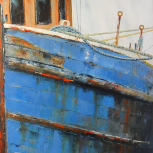 Blue wooden boat. Cornwall. Original oil painting by Jan Rogers